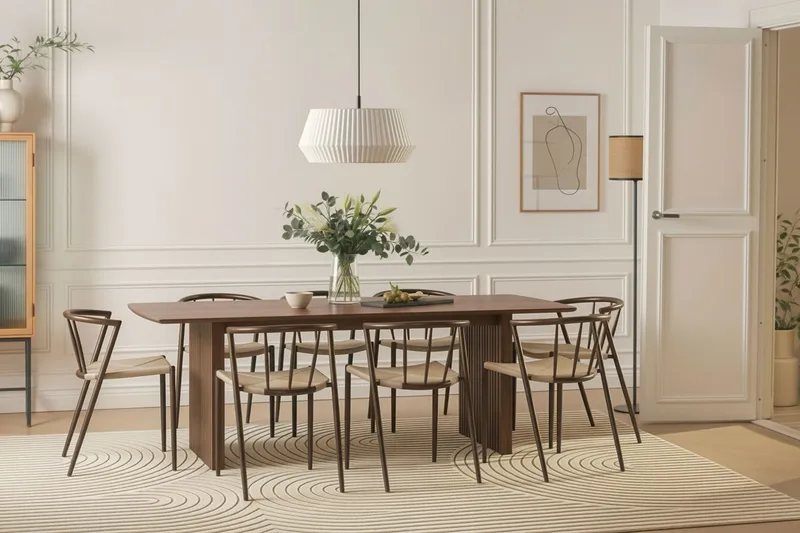 Richeto Ruokapöytä 240 cm 8 Winston Ruokatuolilla - Savutammi / Beige / Metallijalat Savutammi - Huonekalut - Pöytä & ruokailuryhmä - Ruokailuryhmä