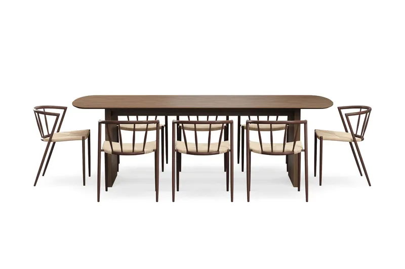 Richeto Ruokapöytä 240 cm 8 Winston Ruokatuolilla - Savutammi / Beige / Metallijalat Savutammi - Huonekalut - Pöytä & ruokailuryhmä - Ruokailuryhmä