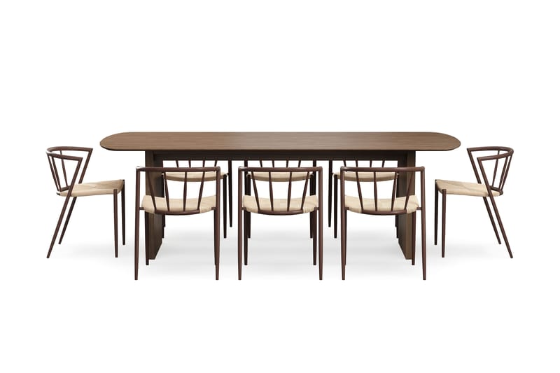 Richeto Ruokapöytä 240 cm 8 Winston Ruokatuolilla - Savutammi / Beige / Metallijalat Savutammi - Huonekalut - Pöytä & ruokailuryhmä - Ruokailuryhmä