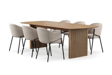 Richeto-ruokapöytä 240 cm ja 6 Filip-ruokatuolia - Luonnonpuuviimeistely / taupe bouclé - Huonekalut - Pöytä & ruokailuryhmä - Ruokailuryhmä