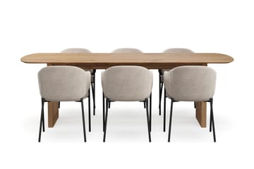 Richeto-ruokapöytä 240 cm ja 6 Filip-ruokatuolia - Luonnonpuuviimeistely / taupe bouclé - Huonekalut - Pöytä & ruokailuryhmä - Ruokailuryhmä