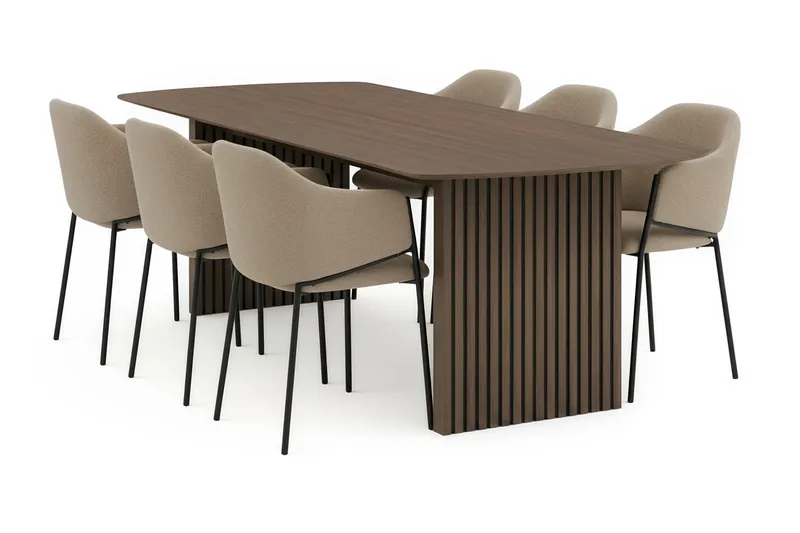 Richeto-ruokapöytä 240 cm ja 6 Filip-ruokatuolia, Savutammi / taupe bouclé