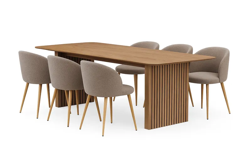 Richeto-ruokapöytä 240 cm ja 6 Greya-ruokatuolia käsinojilla, Luonnollinen viimeistely / Greige bouclé / metallijalat, tammi