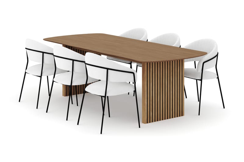 Richeto Ruokapöytä 240 cm ja 6 Karol Ruokatuolia, Luonnollinen viimeistely / Valkoinen Bouclé