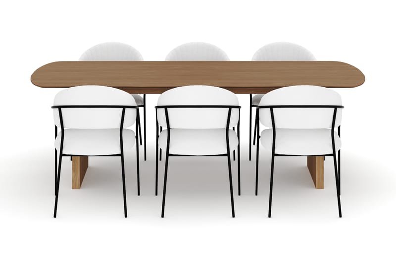 Richeto Ruokapöytä 240 cm ja 6 Karol Ruokatuolia - Luonnollinen viimeistely / Valkoinen Bouclé - Huonekalut - Pöytä & ruokailuryhmä - Ruokailuryhmä