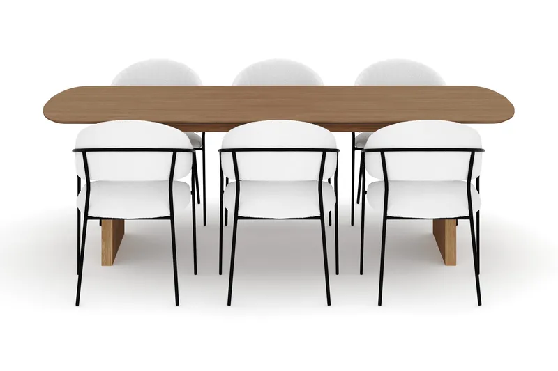 Richeto-ruokapöytä 240 cm ja 6 Karol-ruokatuolia - Luonnonpuuviimeistely / valkoinen bouclé - Huonekalut - Pöytä & ruokailuryhmä - Ruokailuryhmä