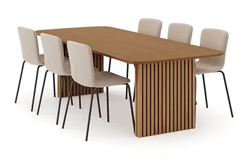 Richeto-ruokapöytä 240 cm ja 6 Katy-ruokatuolia - Luonnollinen viimeistely / Greige bouclé / Metallijalat musta - Huonekalut - Pöytä & ruokailuryhmä - Ruokailuryhmä
