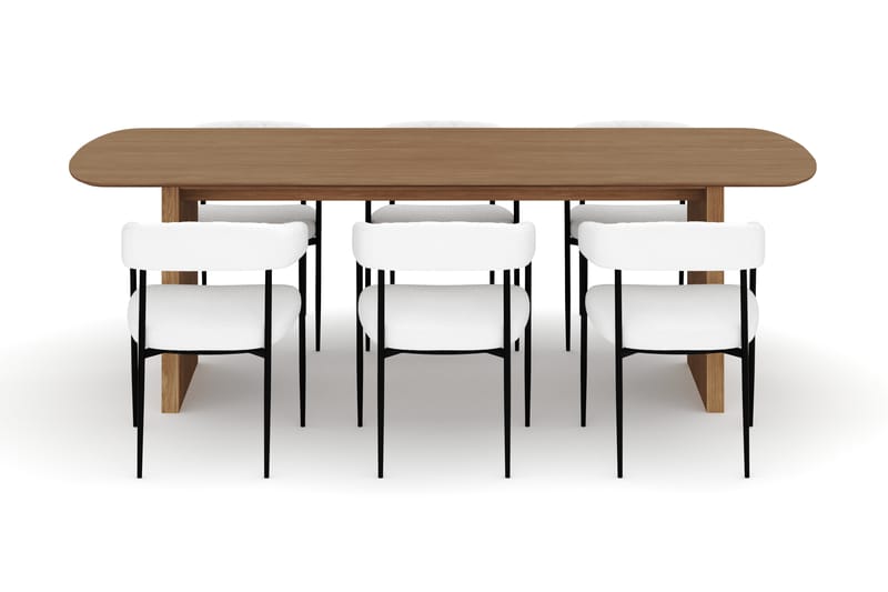 Richeto Ruokapöytä 240 cm ja 6 Velma Ruokatuolia - Luonnollinen viimeistely / Valkoinen Bouclé - Huonekalut - Pöytä & ruokailuryhmä - Ruokailuryhmä