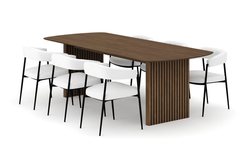 Richeto Ruokapöytä 240 cm ja 6 Velma Ruokatuolia, Savutammi / Valkoinen Bouclé