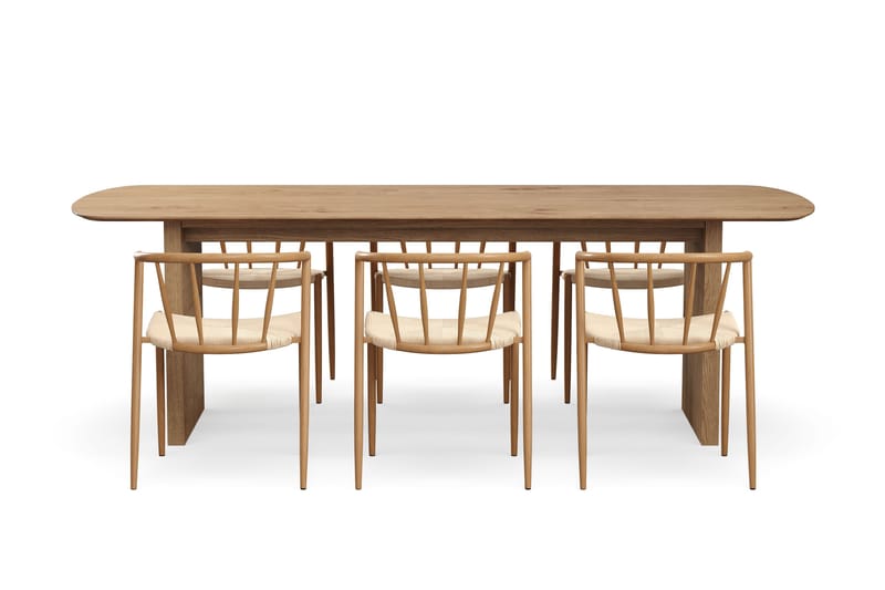 Richeto-ruokapöytä 240 cm ja 6 Winston-ruokatuolia - Luonnollinen viimeistely / Beige / Metallijalat tammi - Huonekalut - Pöytä & ruokailuryhmä - Ruokailuryhmä