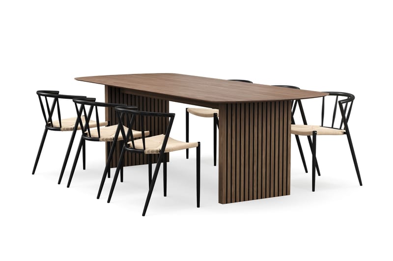 Richeto-ruokapöytä 240 cm ja 6 Winston-ruokatuolia, Savustettu tammi / Beige / Metallijalat musta