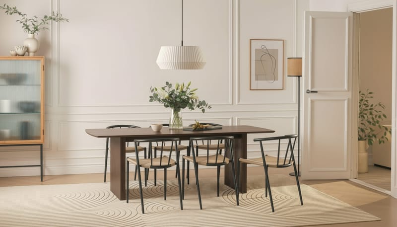 Richeto-ruokapöytä 240 cm ja 6 Winston-ruokatuolia - Savustettu tammi / Beige / Metallijalat musta - Huonekalut - Pöytä & ruokailuryhmä - Ruokailuryhmä