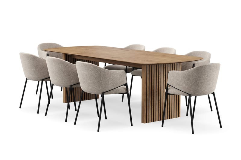 Richeto-ruokapöytä 240 cm ja 8 Filip-ruokatuolia, Luonnonpuuviimeistely / taupe bouclé