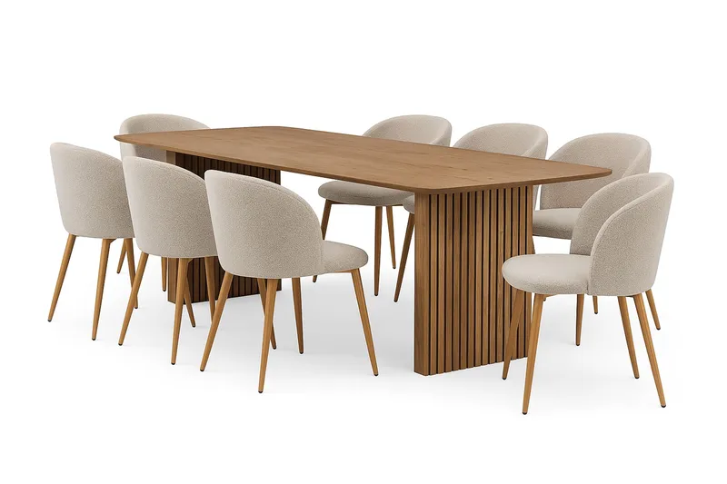 Richeto-ruokapöytä 240 cm ja 8 Greya-ruokatuolia käsinojilla, Luonnollinen viimeistely / Greige bouclé / metallijalat, tammi