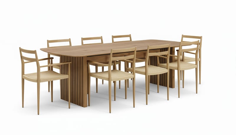 Richeto Ruokapöytä 240 cm ja 8 Jamna Käsinojallista tuolia, Ruskea