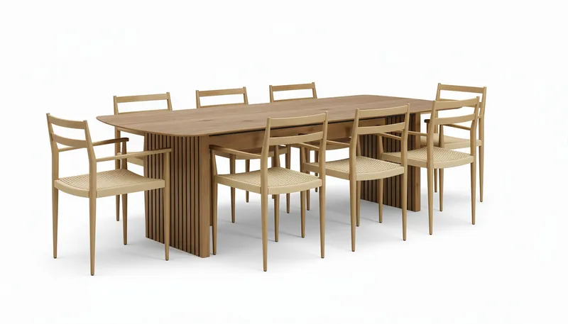 Richeto Ruokapöytä 240 cm ja 8 Jamna Käsinojallista tuolia, Ruskea