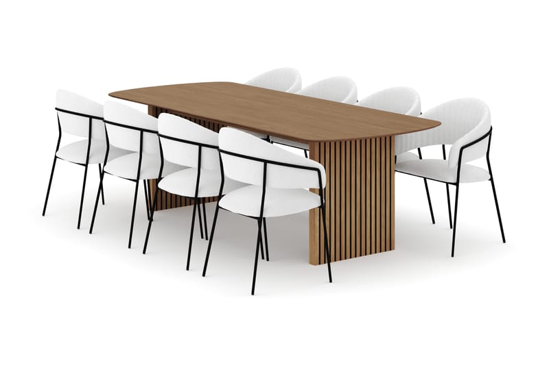 Richeto Ruokapöytä 240 cm ja 8 Karol Ruokatuolia, Luonnollinen viimeistely / Valkoinen Bouclé