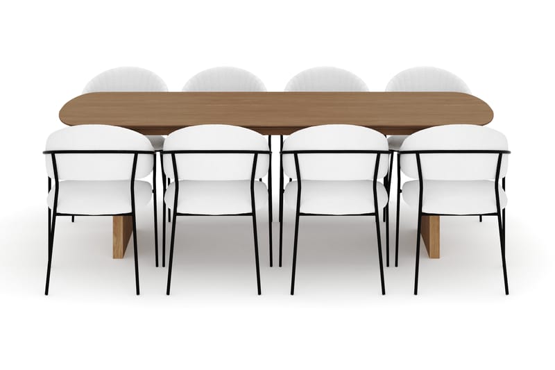 Richeto Ruokapöytä 240 cm ja 8 Karol Ruokatuolia - Luonnollinen viimeistely / Valkoinen Bouclé - Huonekalut - Pöytä & ruokailuryhmä - Ruokailuryhmä