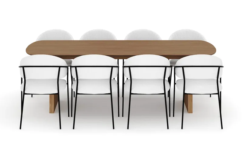 Richeto-ruokapöytä 240 cm ja 8 Karol-ruokatuolia - Luonnonpuuviimeistely / valkoinen bouclé - Huonekalut - Pöytä & ruokailuryhmä - Ruokailuryhmä