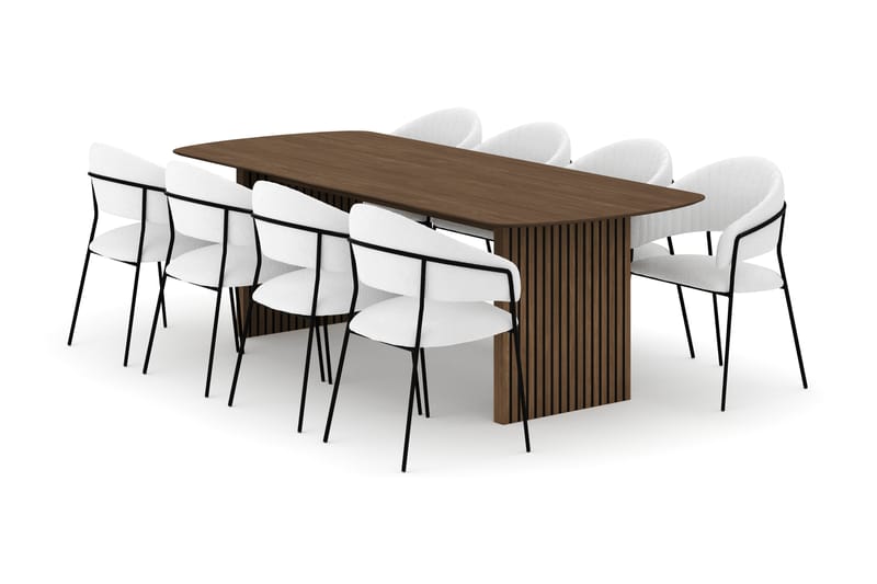 Richeto Ruokap�öytä 240 cm ja 8 Karol Ruokatuolia, Savutammi / Valkoinen Bouclé