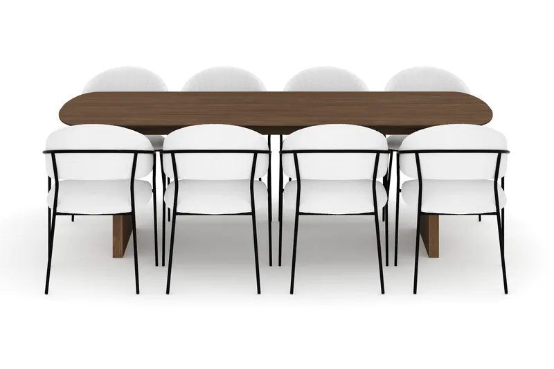 Richeto Ruokapöytä 240 cm ja 8 Karol Ruokatuolia - Savutammi / Valkoinen Bouclé - Huonekalut - Pöytä & ruokailuryhmä - Ruokailuryhmä