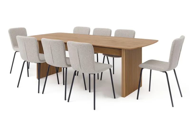 Richeto-ruokapöytä 240 cm ja 8 Katy-ruokatuolia, Luonnollinen viimeistely / Greige-bouclé / Metallijalat musta