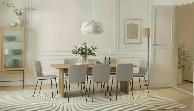 Richeto-ruokapöytä 240 cm ja 8 Katy-ruokatuolia - Luonnollinen viimeistely / Greige-bouclé / Metallijalat musta - Huonekalut - Pöytä & ruokailuryhmä - Ruokailuryhmä