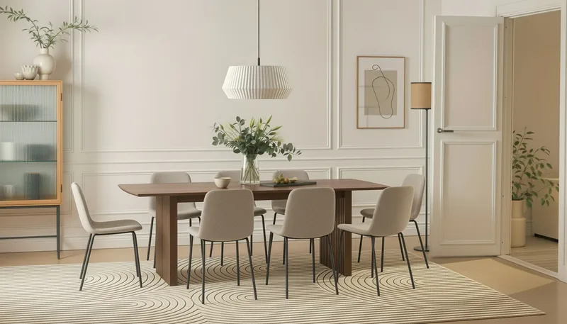 Richeto-ruokapöytä 240 cm ja 8 Katy-ruokatuolia - Savustettu tammi / Greige-bouclé - Huonekalut - Pöytä & ruokailuryhmä - Ruokailuryhmä