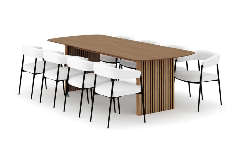 Richeto Ruokapöytä 240 cm ja 8 Velma Ruokatuolia, Luonnollinen viimeistely / Valkoinen Bouclé