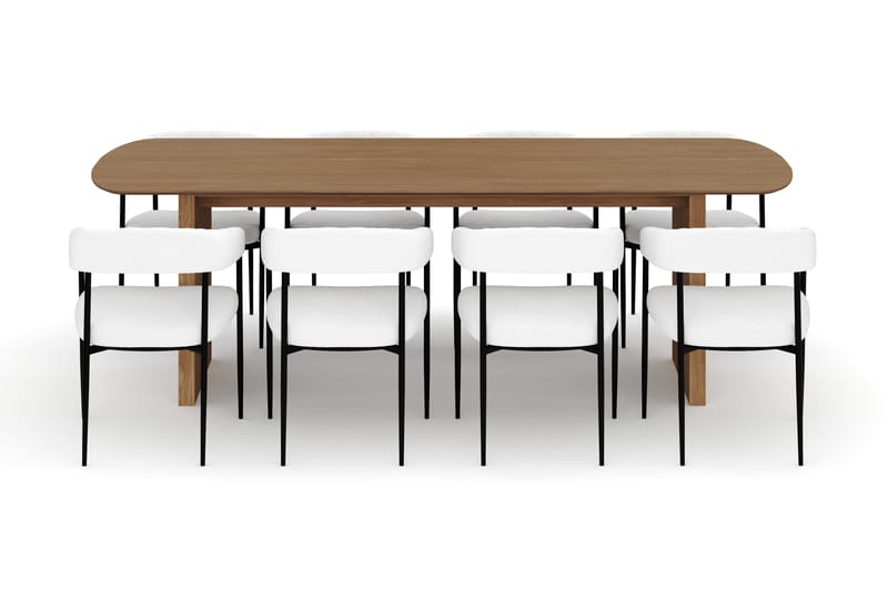 Richeto Ruokapöytä 240 cm ja 8 Velma Ruokatuolia - Luonnollinen viimeistely / Valkoinen Bouclé - Huonekalut - Pöytä & ruokailuryhmä - Ruokailuryhmä