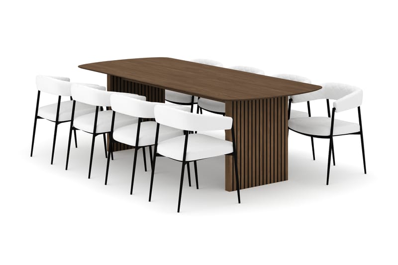 Richeto Ruokapöytä 240 cm ja 8 Velma Ruokatuolia, Savutammi / Valkoinen Bouclé