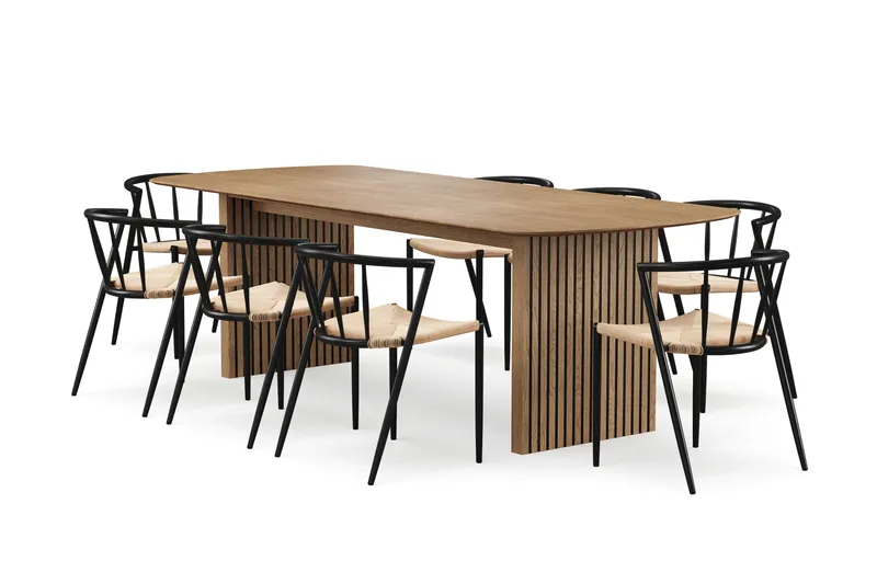 Richeto-ruokapöytä 240 cm ja 8 Winston-ruokatuolia, Luonnollinen viimeistely / Beige / Metallijalat musta