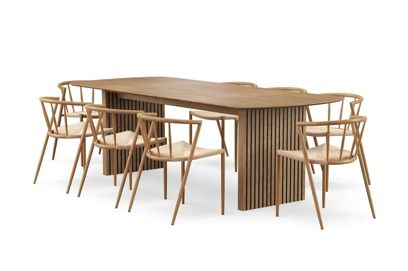 Richeto-ruokapöytä 240 cm ja 8 Winston-ruokatuolia, Luonnollinen viimeistely / Beige / Metallijalat tammi