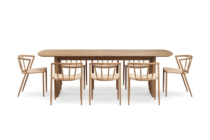 Richeto-ruokapöytä 240 cm ja 8 Winston-ruokatuolia - Luonnollinen viimeistely / Beige / Metallijalat tammi - Huonekalut - Pöytä & ruokailuryhmä - Ruokailuryhmä