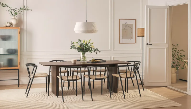 Richeto-ruokapöytä 240 cm ja 8 Winston-ruokatuolia - Savustettu tammi / Beige / Metallijalat musta - Huonekalut - Pöytä & ruokailuryhmä - Ruokailuryhmä