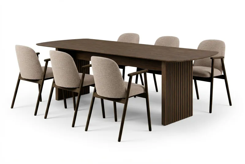 Richeto Ruokapöytä 240 cm Savutammi 6 Reciclar Ruokatuolilla, Savutammi/Greige