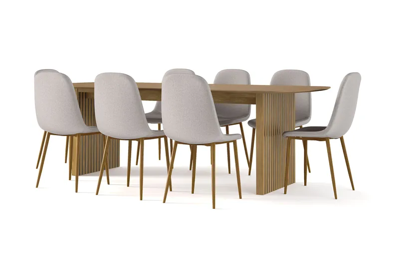 Richeto Ruokapöytä 240 cm tammi + 8 kpl Naira tuoli harmaa tammijaloilla, Luonnonväri/Harmaa