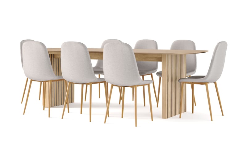 Richeto Ruokapöytä 240 cm tammi + 8 kpl Naira tuoli harmaa tammijaloilla - Luonnonväri/Harmaa - Huonekalut - Pöytä & ruokailuryhmä - Ruokailuryhmä
