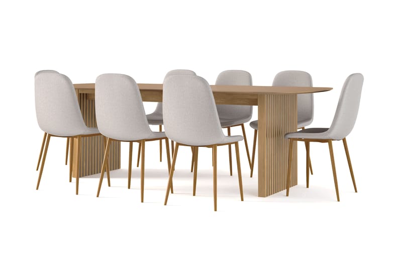 Richeto Ruokapöytä 240 cm tammi + 8 kpl Naira tuoli harmaa tammijaloilla - Luonnonväri/Harmaa - Huonekalut - Pöytä & ruokailuryhmä - Ruokailuryhmä