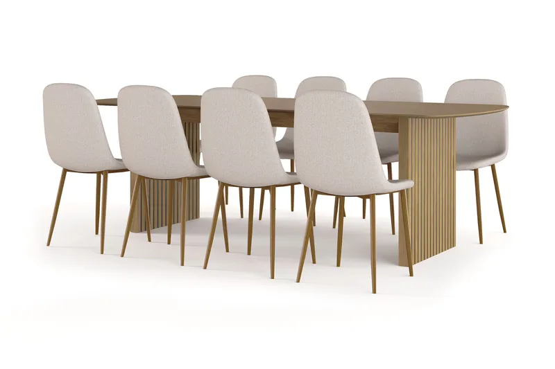 Richeto-ruokapöytä 240 cm tammi + 8 kpl Nibe-tuolia beige, tammijalat - Luonnonväri/beige - Huonekalut - Pöytä & ruokailuryhmä - Ruokailuryhmä