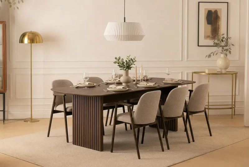 Richeto-ruokapöytä savutammea 240 cm ja 6 Reciclar-ruokatuolia - Savutammi/greige - Huonekalut - Pöytä & ruokailuryhmä - Ruokailuryhmä