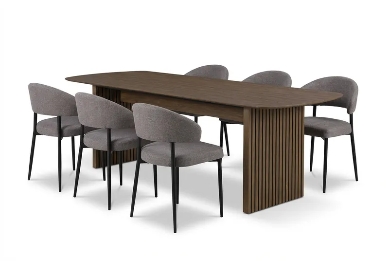 Richeto-ruokapöytä savutammea 240 cm ja 6 Sawako Greige -tuolia, Savutammi/greige