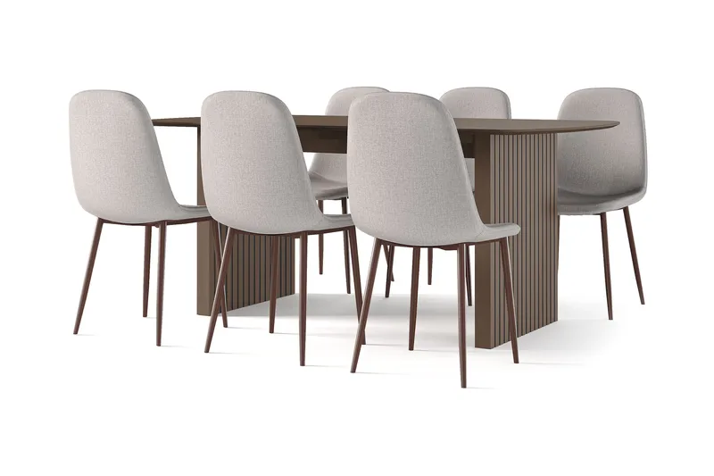 Richeto-ruokapöytä savutammi 180 cm, pähkinäpuu + 6 kpl Nibe-tuolia beige pähkinäpuujaloilla, Ruskea/Beige
