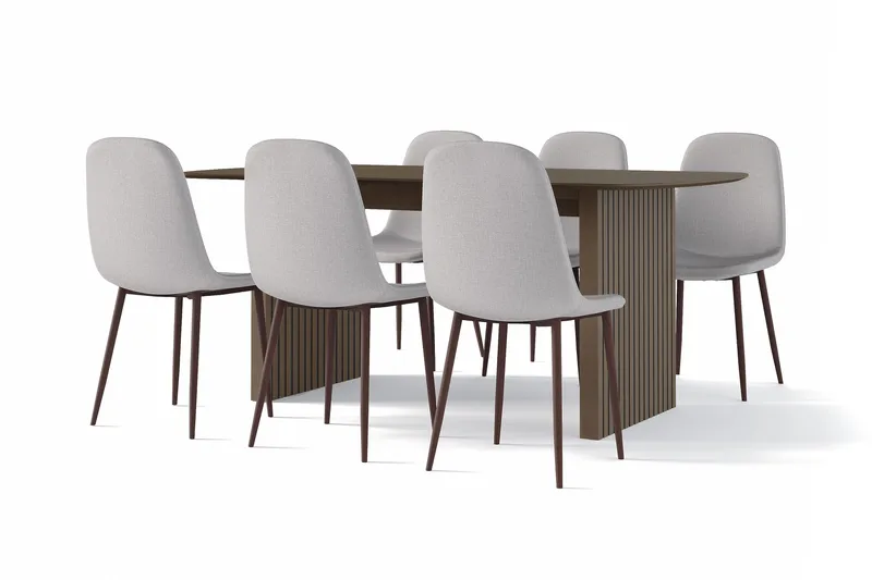 Richeto Ruokapöytä Savutammi 180 cm pähkinä + 6 kpl Naira tuoli harmaa pähkinäjaloilla, Ruskea/Harmaa