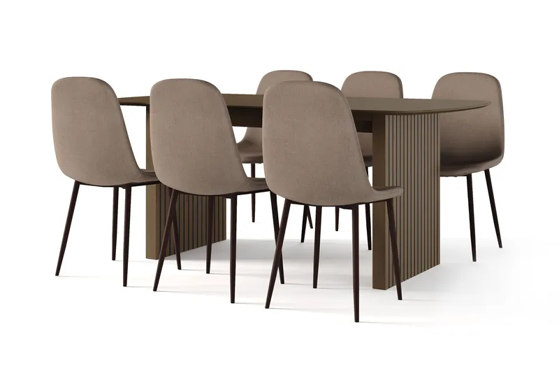 Richeto Ruokapöytä Savutammi 180 cm pähkinä + 6 kpl Naira tuoli ruskea pähkinäjaloilla, Ruskea