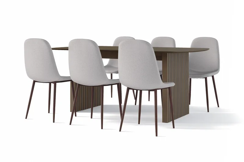 Richeto Ruokapöytä Savutammi 180 cm pähkinä + 6 kpl Naira tuoli harmaa pähkinäjaloilla, Ruskea/Harmaa