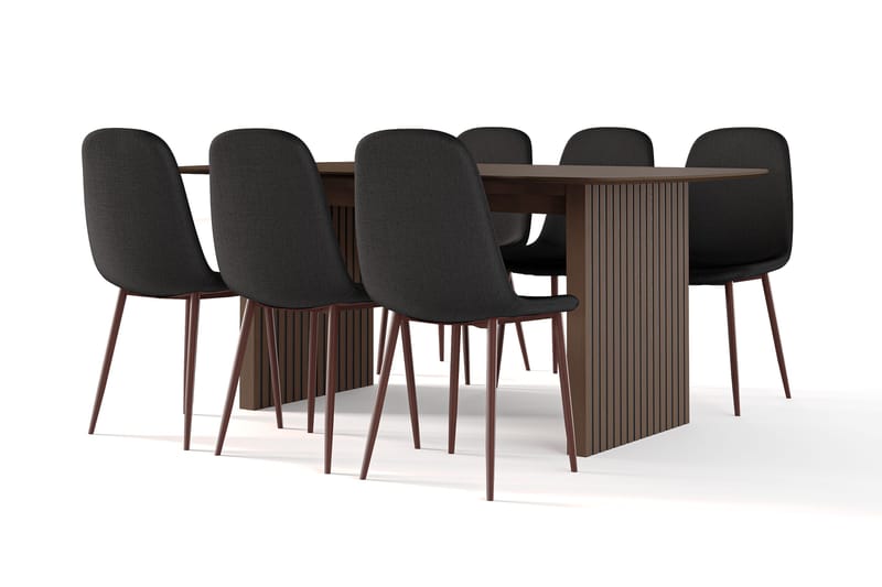 Richeto Ruokapöytä Savutammi 180 cm pähkinä + 6 kpl Naira tuoli musta pähkinäjaloilla, Ruskea/Musta