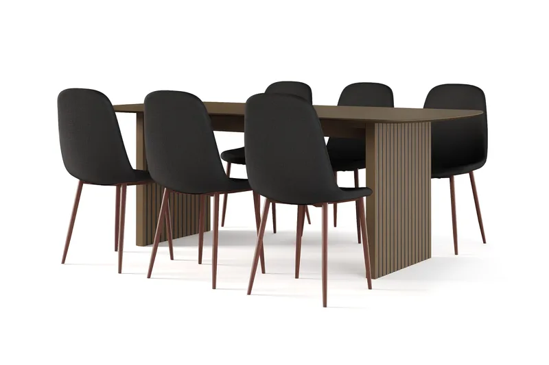 Richeto Ruokapöytä Savutammi 210 cm pähkinä + 6 kpl Naira tuoli musta pähkinäjaloilla, Ruskea/Musta