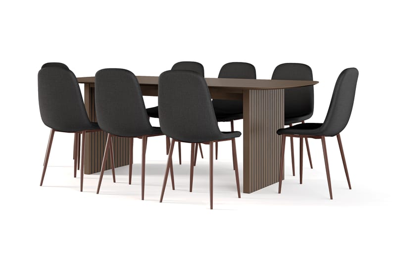 Richeto Ruokapöytä Savutammi 210 cm pähkinä + 8 kpl Naira tuoli musta pähkinäjaloilla, Ruskea/Musta