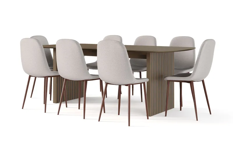 Richeto Ruokapöytä Savutammi 210 cm pähkinä + 8 kpl Naira tuoli beige pähkinäjaloilla, Ruskea/Beige